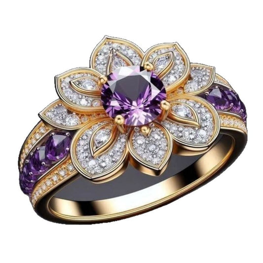 New 18K Gold Amethyst Lotus Flower Ring