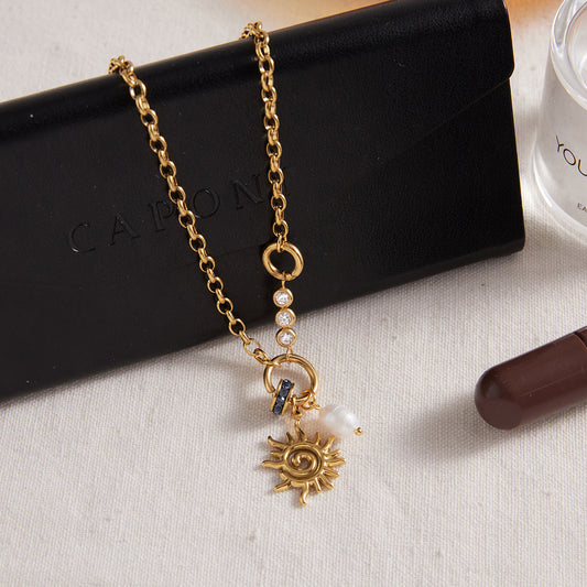 Spiral Solar Pendant Titanium Steel Freshwater Pearl Necklace